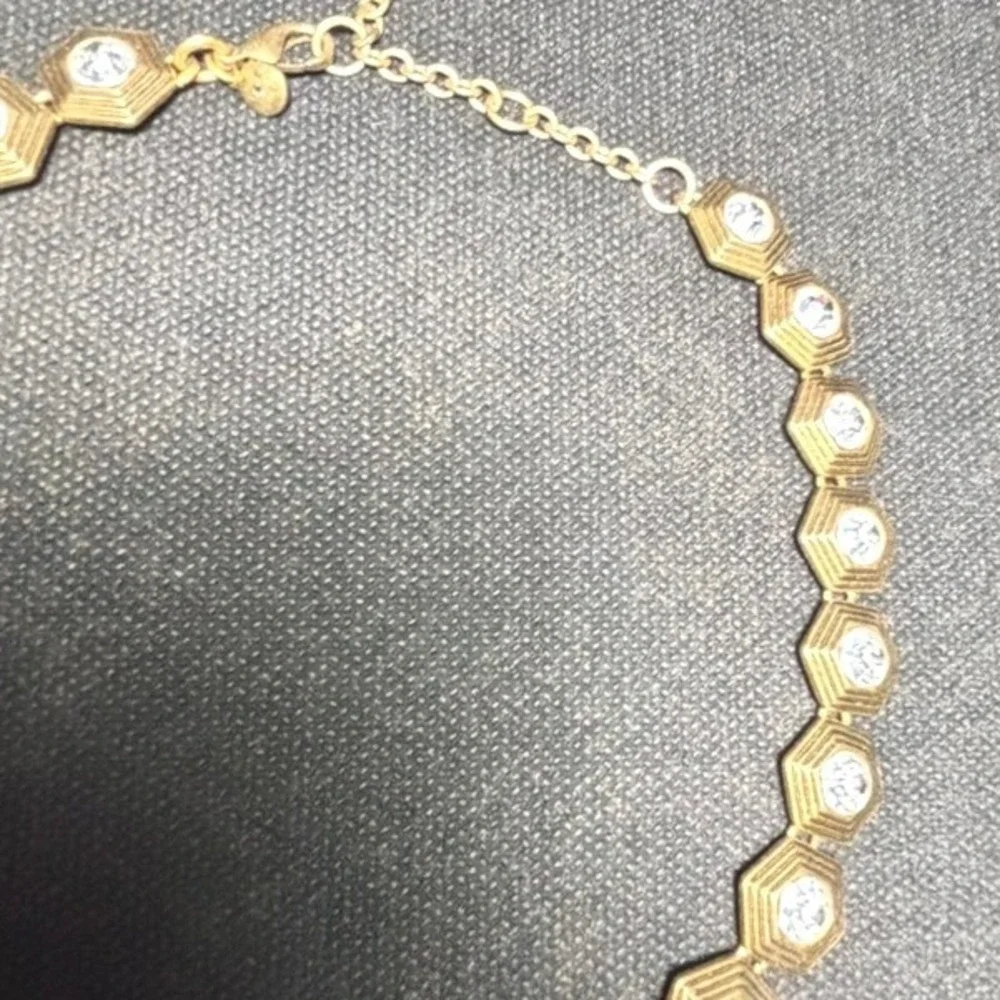 J.Crew Gold Tone Hexagon Crystal Statement Collar Necklace Adjustable Geometric